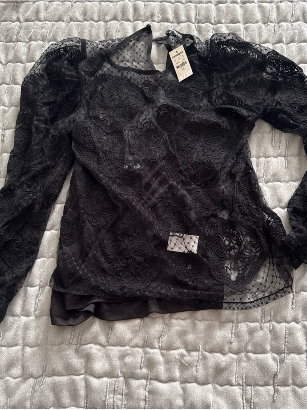 Express Black Sheer Lace Long-Sleeve Blouse